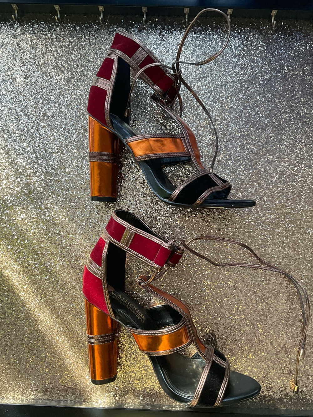 Metallic Copper & Burgundy Strappy Block Heel Sandals